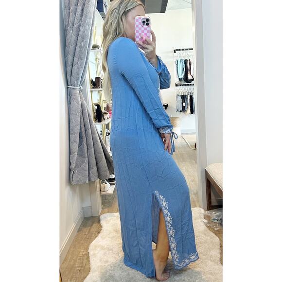 Rise and Bloom Embroidered Long Sleeve Tie Neck Maxi Dress Blue Medium - Picture 2 of 15